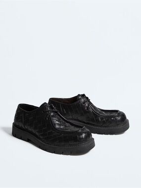 Bottega Veneta Black Woven Leather Haddock lace up Shoes